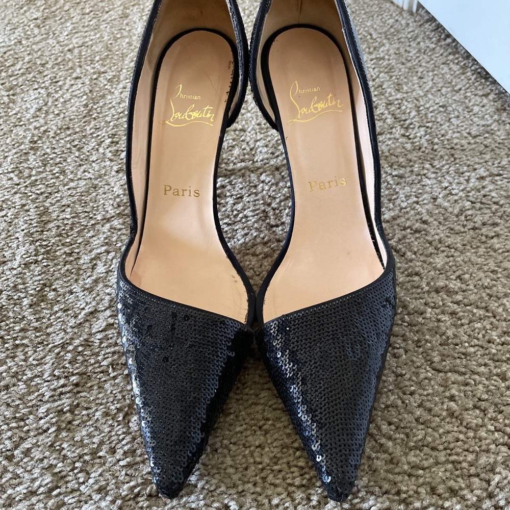 Christian Louboutin Iriza black sequined heels in size 39.5 but fits a size 10.